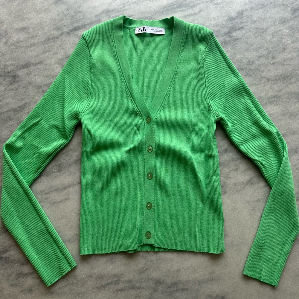 Zara Bright Green Fitted Ribbed V-Neck Button Cardigan Sz M